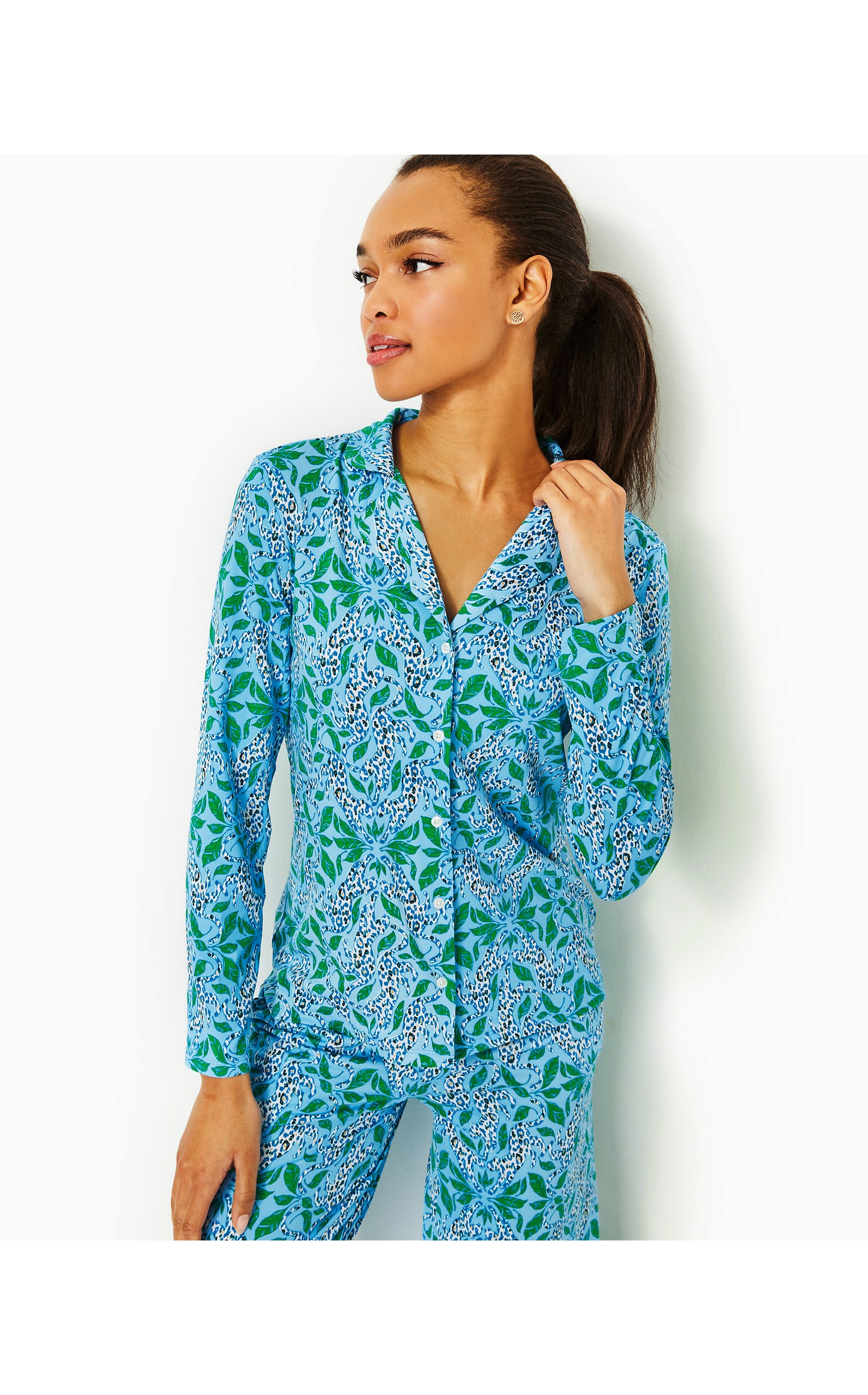 Pajama Knit Long Sleeve Button-Up Top