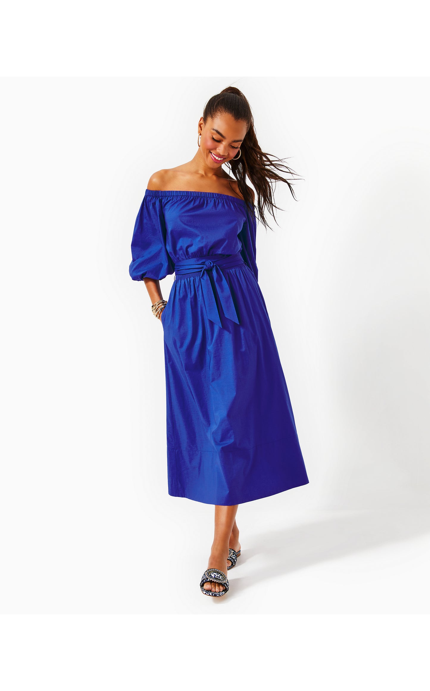 Load image into Gallery viewer, Shawnlee Elbow Sleeve Off-The-Shoulder Cotton Midi Dress

