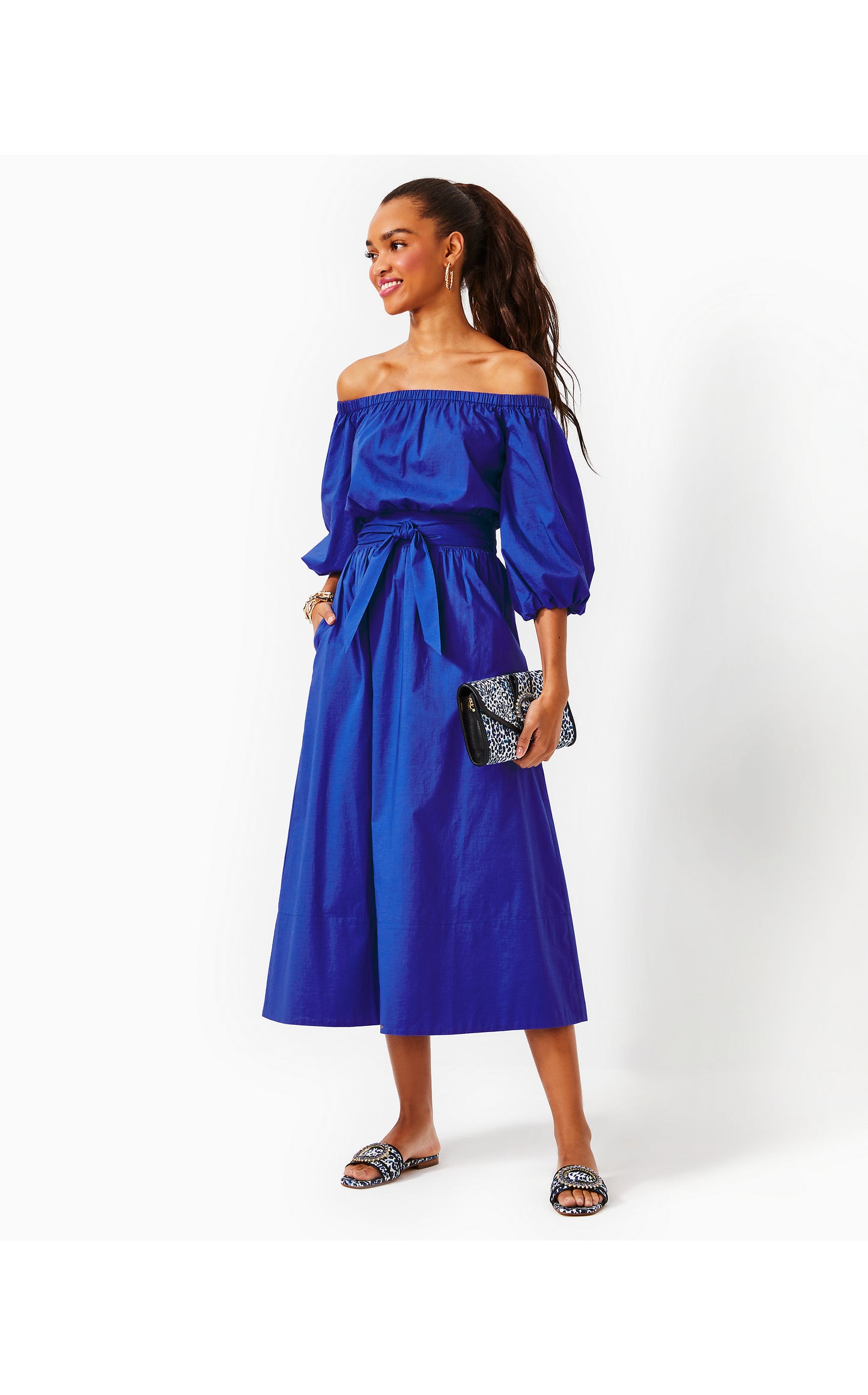 Shawnlee Elbow Sleeve Off-The-Shoulder Cotton Midi Dress