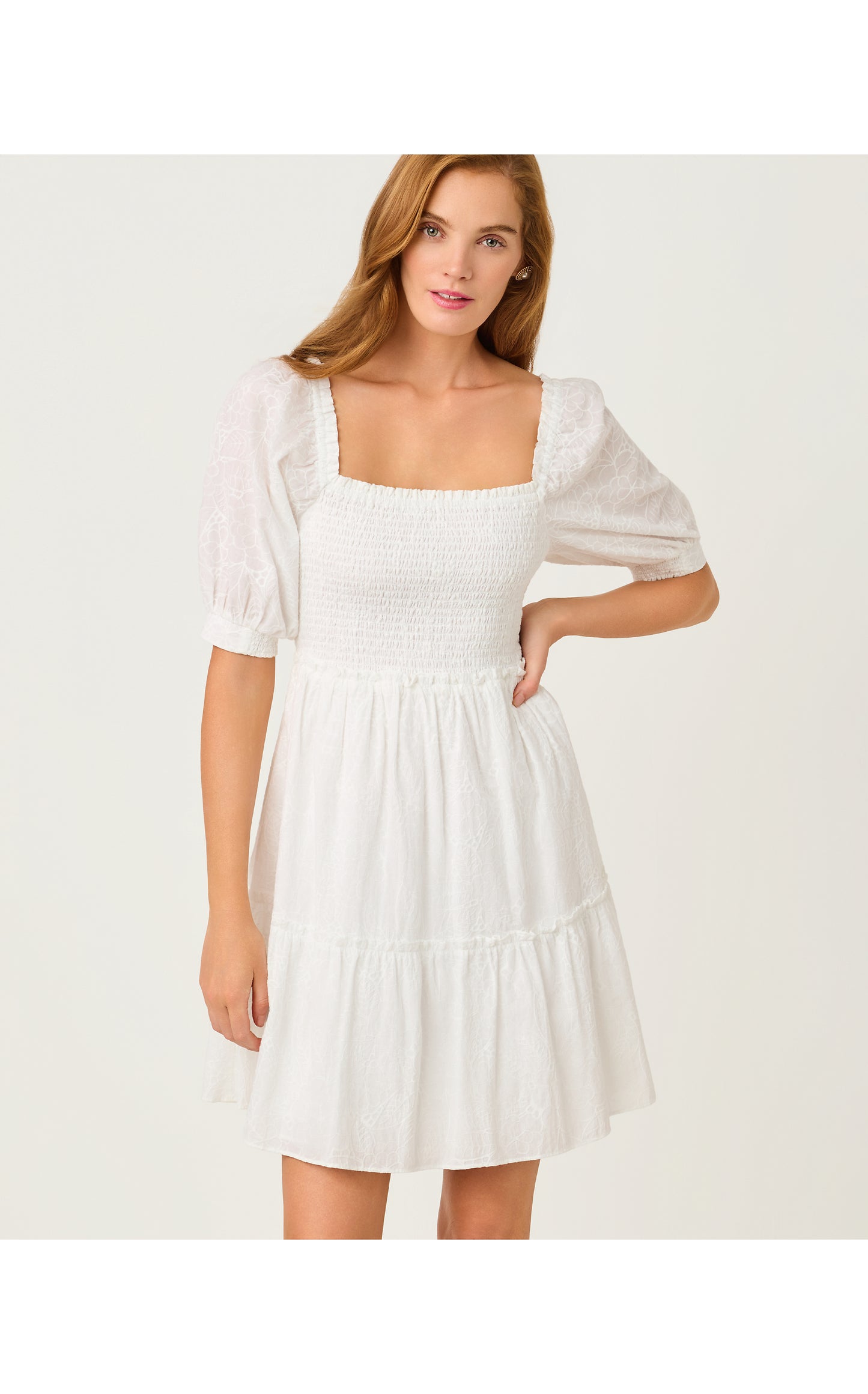 Hadly Short Sleeve Smocked Dress - Resort White Sunshowers Embroidery / S Hadly Short Sleeve Smocked Dress - Resort White Sunshowers Embroidery / S