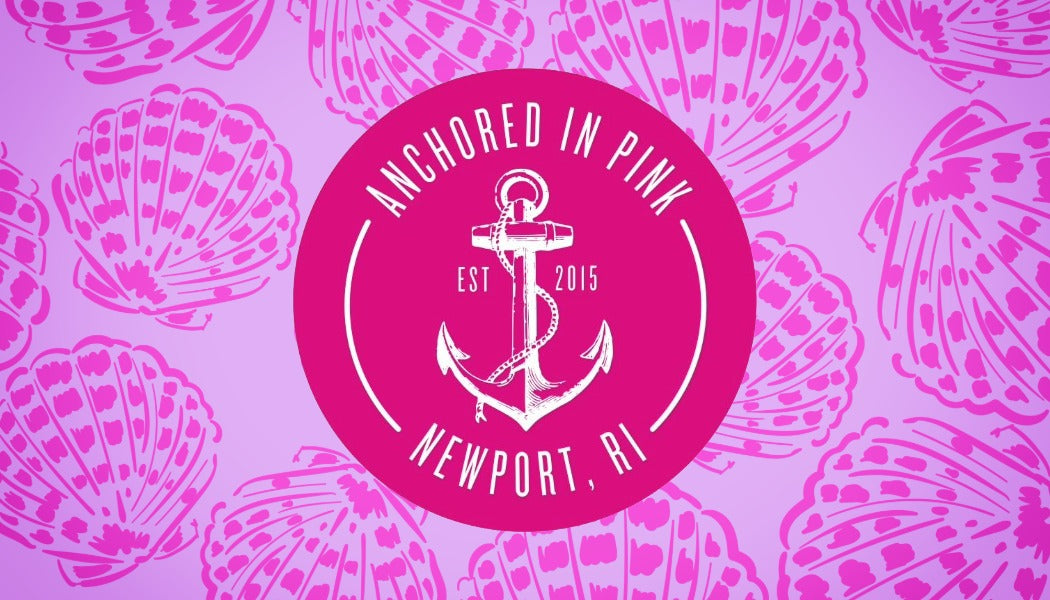 Pink logo with anchor and text 'Anchored in Pink, Newport, RI' on a pink shell pattern background